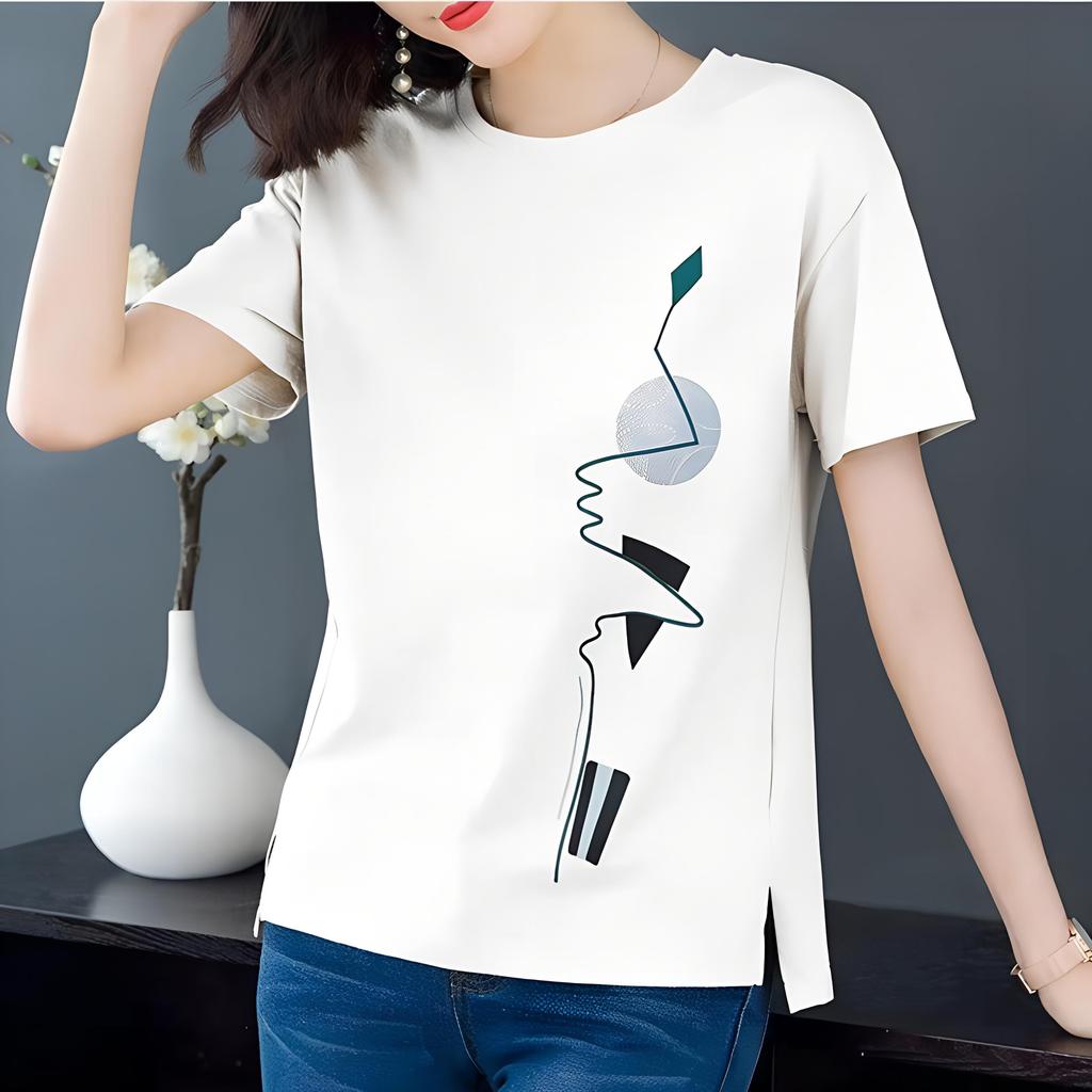 Locker sitzendes, kurzärmliges koreanisches T-Shirt mit literarischem Aufdruck für Damen