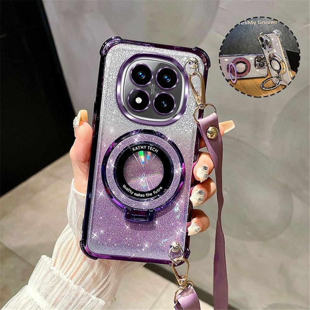 Crossbody Lanyard Glitter Holder Stand Case For Xiaomi Redmi 14C Note 14 15 Pro Plus 15 15C 14S 4G 5G Plating Shockproof Cover