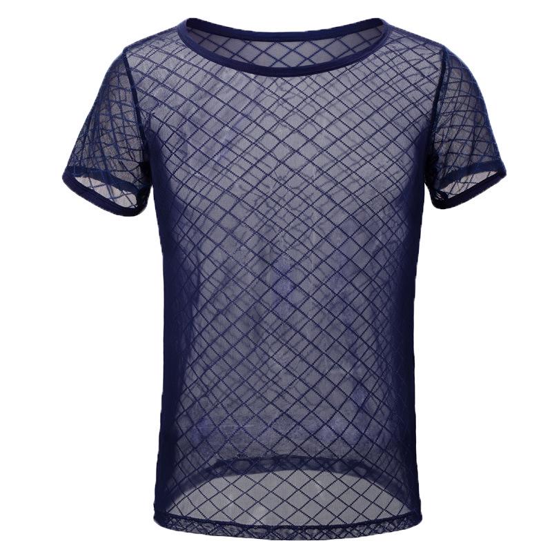 Men's Short Sleeve See-Through Mesh Slim Fit Diamond Net Top B-01