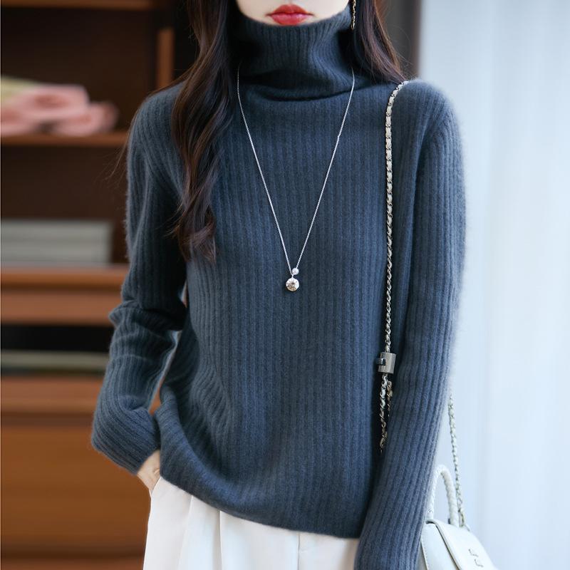 Women's Pure Wool High Neck Ribbed Sweater - Autumn/Winter Versatile Knitwear