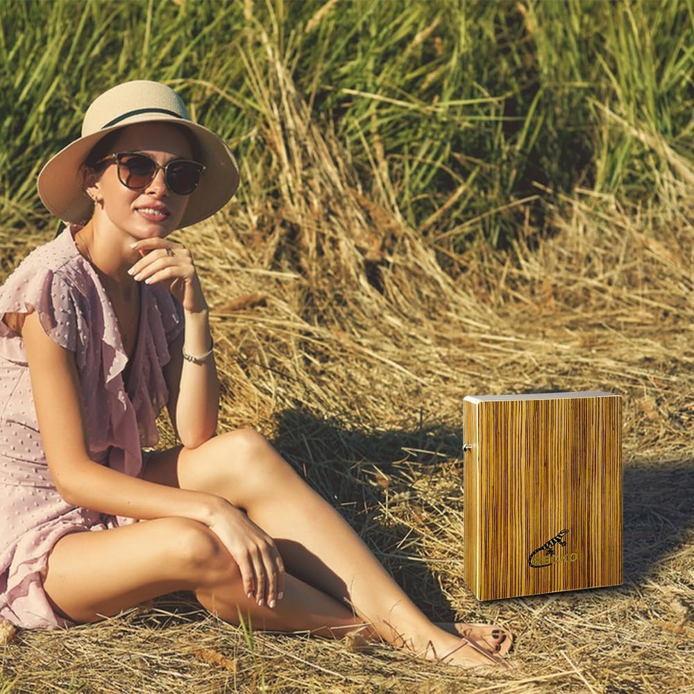 Lightweight travel cajon with built-in guitar strings and rich resonance (9.4cm x 23cm x 29cm, 1kg, engineered zebrawood)