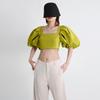 Spring 2025 Women's Square Neck Spliced Puff Sleeve Crop Top