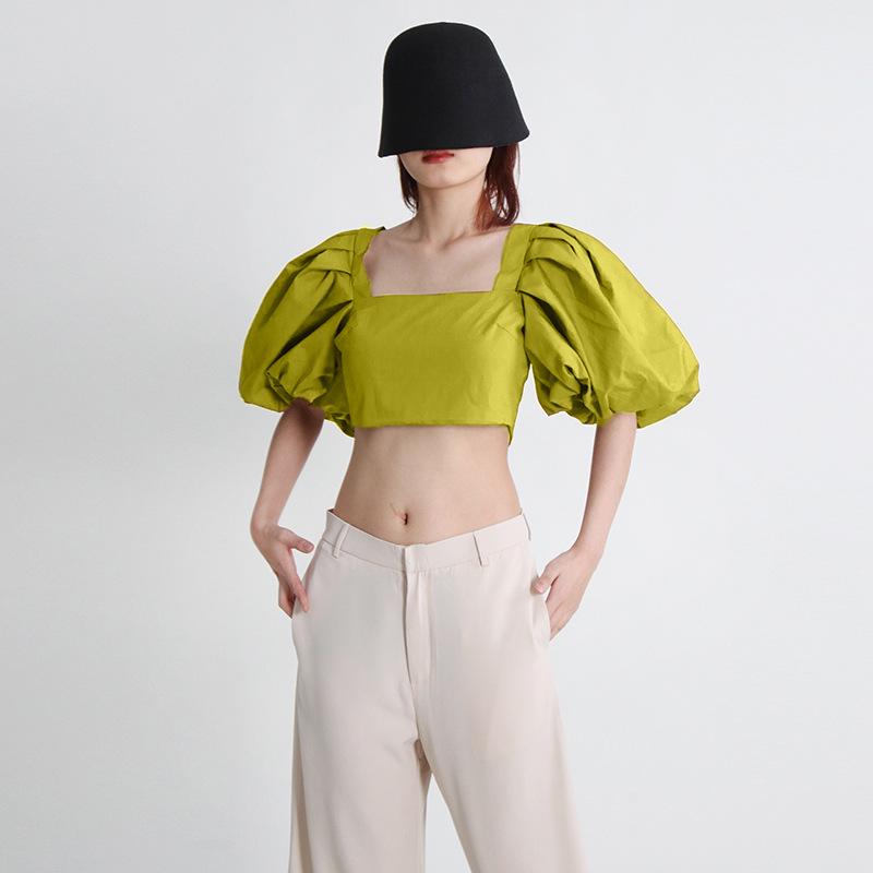Spring 2025 Women's Square Neck Spliced Puff Sleeve Crop Top