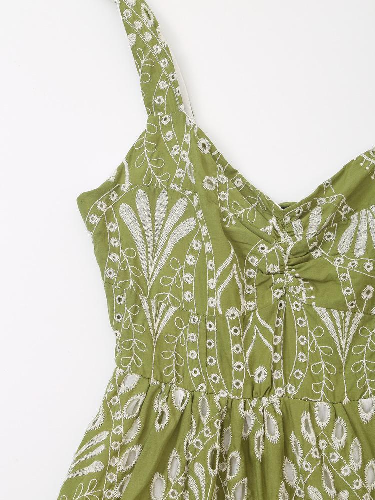 2025 Summer Women's European and American Style Hollow-out Embroidery Midi Dress with Spaghetti Straps