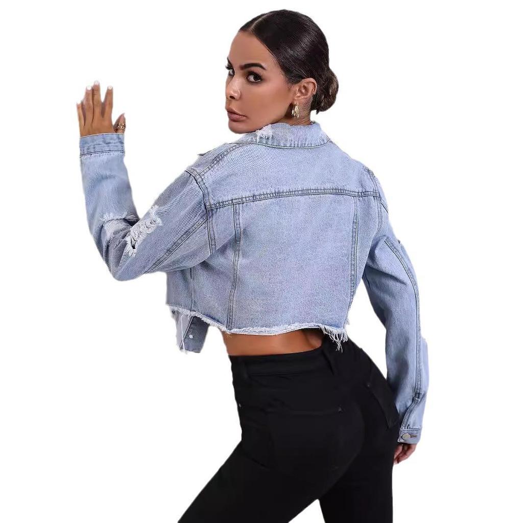 European & American Women's Casual Loose Ripped Long Sleeve Denim Jacket