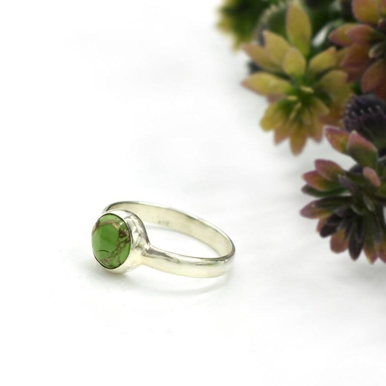 Green Copper Turquoise Round Gemstone Ring, Solid 925 Sterling Silver Ring, Handmade Jewelry, Statement Ring, Bezel Ring
