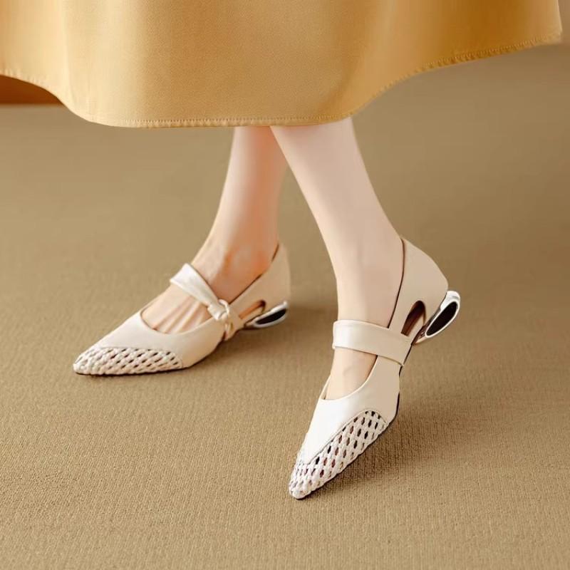 Great Good To Wear Single Shoes Women Spring Summer Woven Hollow Pointed Low Heel Thick Heel Medium Heel Soft Leather Sandals Women