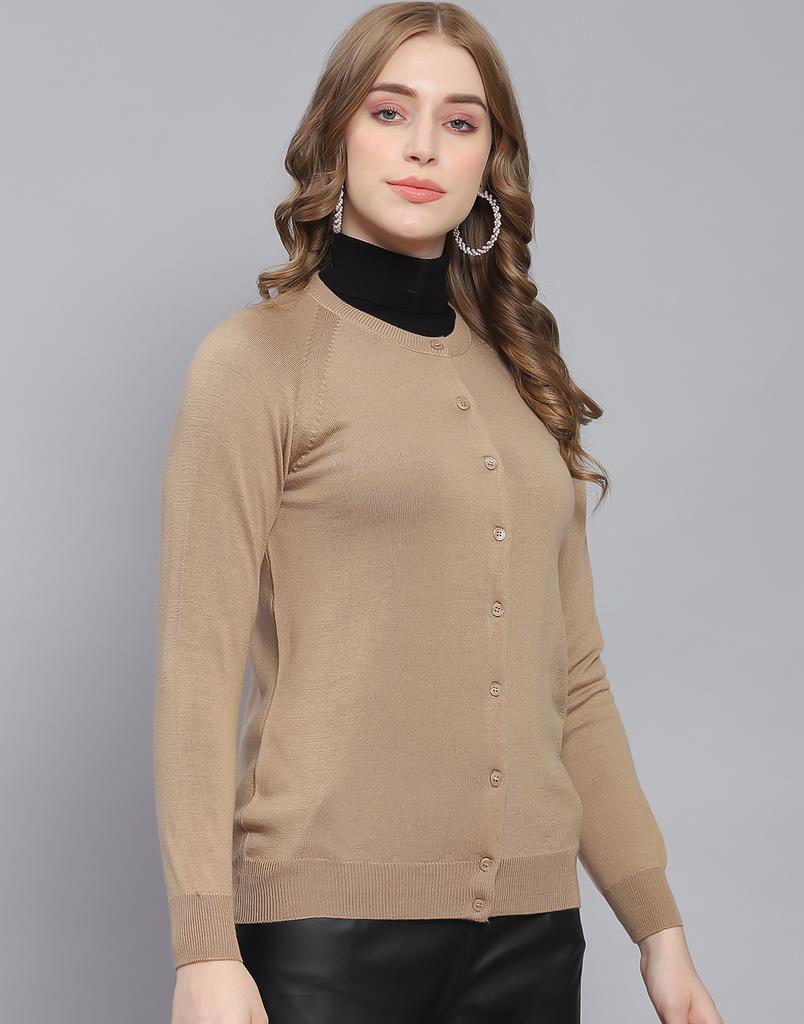 MONTE CARLO Md Camel Solid Round Neck Sweater