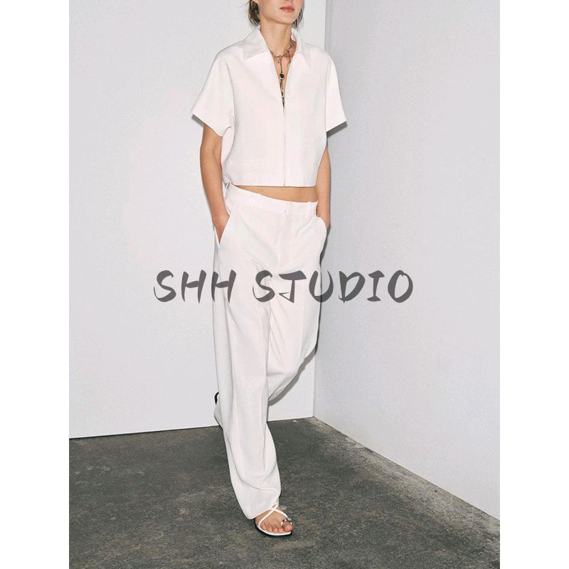 Summer Women Clothes Lapel Short Sleeve Short Outerwear 8491053 Straight Mid-Waist Casual Trousers 8491054