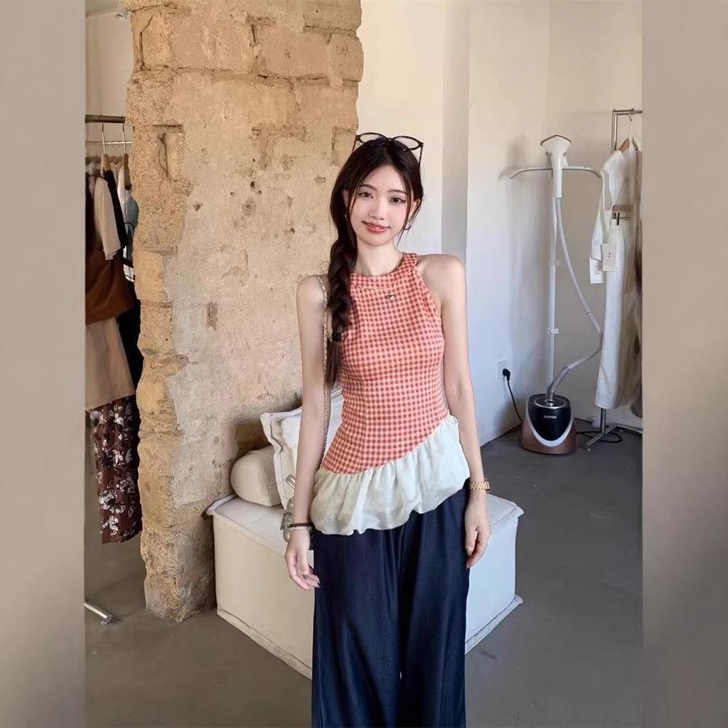 Spring Slim Plaid Sleeveless Patchwork Camisole for Women