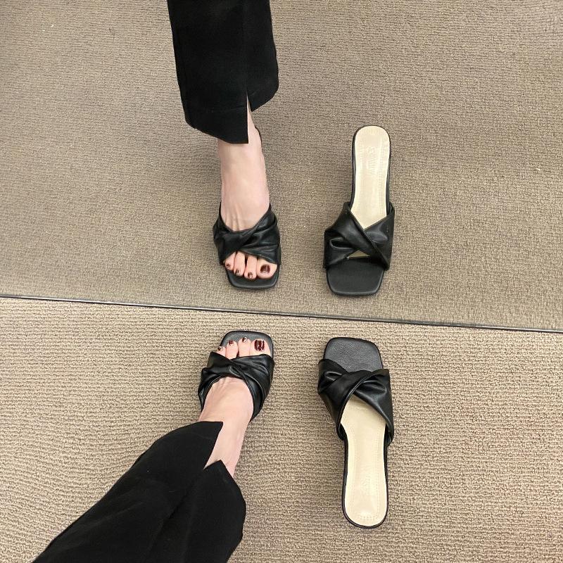 Summer new simple high heel one-word sandals cat heel high heel shoes French women wear half slippers