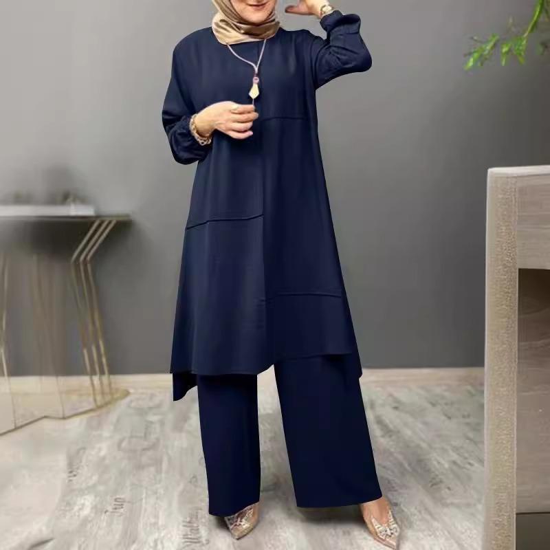 Muslim Women's Urban Sportswear Elegant Bubble Sleeve Crew Neck Shirt Loose Fashion Wide Leg Pants Set
