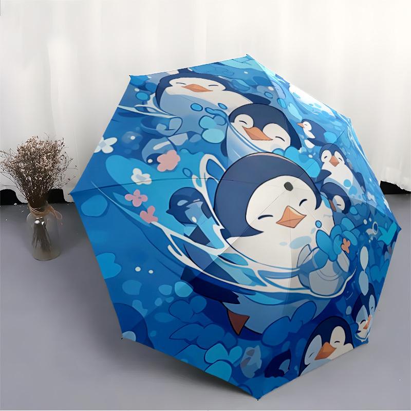 1pc Penguin Party Pattern Automatic Folding Umbrella - Compact 8-Rib Design, Durable Plastic & Iron, Lightweight for Outdoor Daily Use080