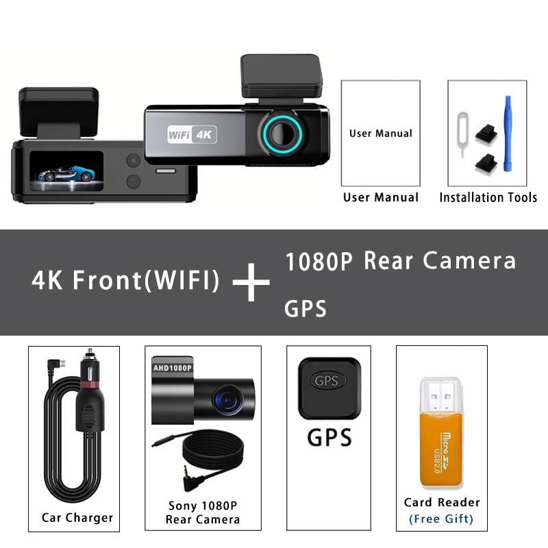 Car DVR 4K 3840*2160P WIFI GPS Dash Cam Mini Camera Front and Rear Dual Lens Dashcam Black Box Video Drive Recorder Night Vision