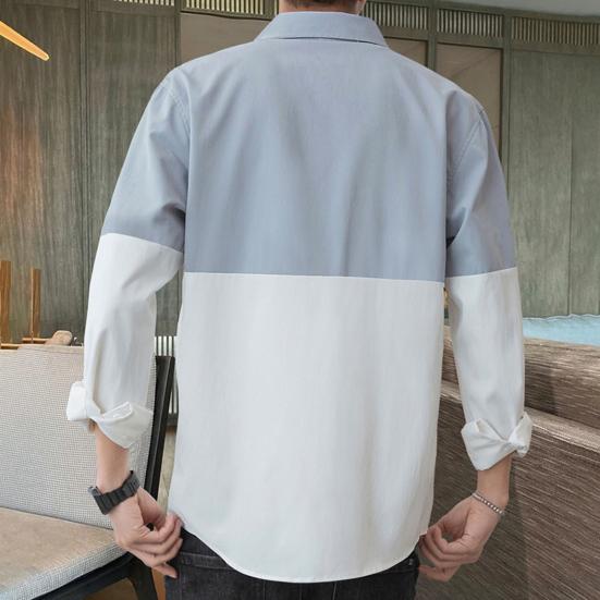 Spring Fall Men Shirt Turn-down Collar Printed Colorblock Button-down Cardigan Loose Streetwear Young Cargo Style Shirt Coat
