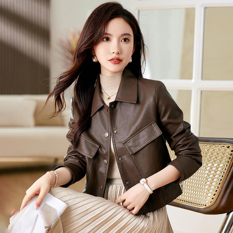 Leather Jacket Women's Small Coat Spring and Autumn New Fashion Thin Lapel Short Leather Jacket Top