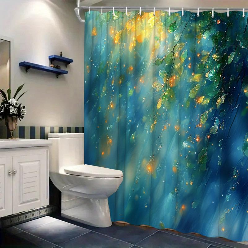 1pc Sunlit Forest Shower Curtain - Golden Leaves, Greenery, Dreamlike Polyester, 70.8x70.8", 12 Hooks, Washable