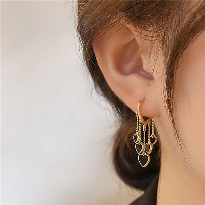 1Pair of Versatile Simple Design Black Love Earrings Fashion Style Temperament Fringed Ear Buckle Earrings