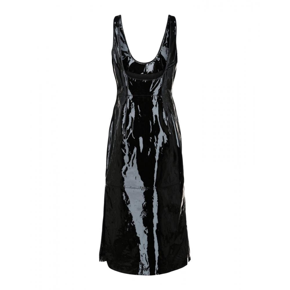 Salvatore Ferragamo Scoop Neck Patent Leather Midi Dress Black