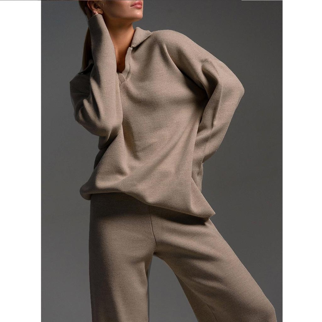 Solid Color Lapel Sweater Set Knit Sweater+straight Leg Wide Leg Pants Two-piece Set High Neck