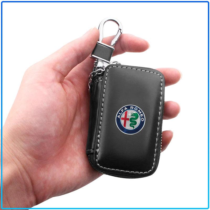For Alfa Romeo 159 147 156 166 Giulietta Giulia Mito Stelvio Brera Spider 1Pcs Leather Emblem Car Key Case Keychain Zipper Key Case Bag