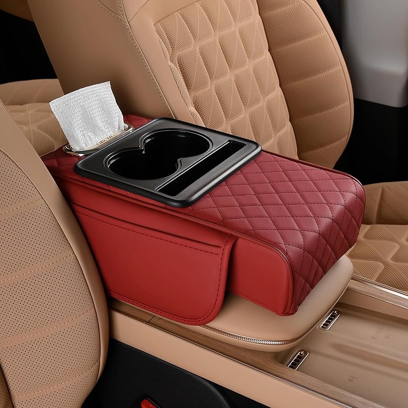 FREESOO Car Center Console Cover, Leather Armrest Cover For Car, Universal Middle Console Cushion With Storage Box, Cup Holder, Tissue Box & Phone