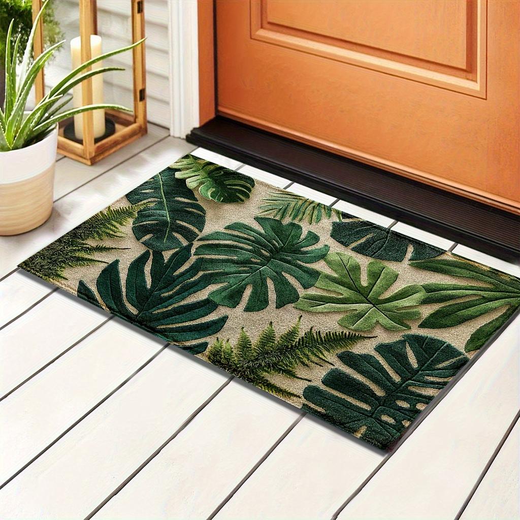 1 Tropical Green Plant Pattern Rectangular Bath Mat- Machine Washable Polyester Non-Slip Backing Soft Plush Texture for Bathroom