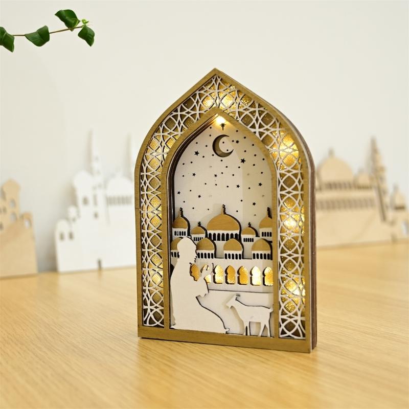 EID Wooden Pendant with LED Light Ornament Islamic Festival Supplies DIY Craft Perfect for Ramazan Home Party Decoration