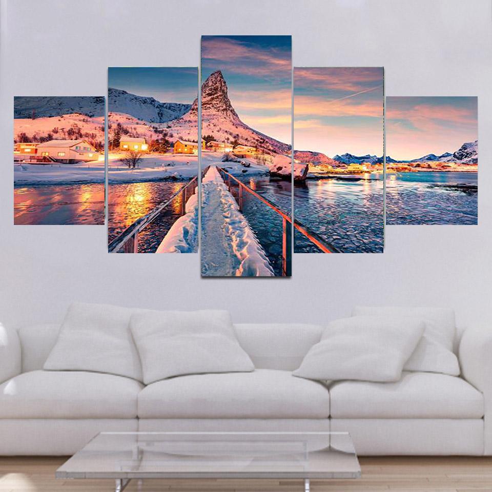 

5 панелей пейзаж Лофотенские острова холст картина зимнее северное сияние постеры и принты настенные художественные фотографии домашний декор без рамки 20x35cm*2 20x45cm*2 20x55cm*1