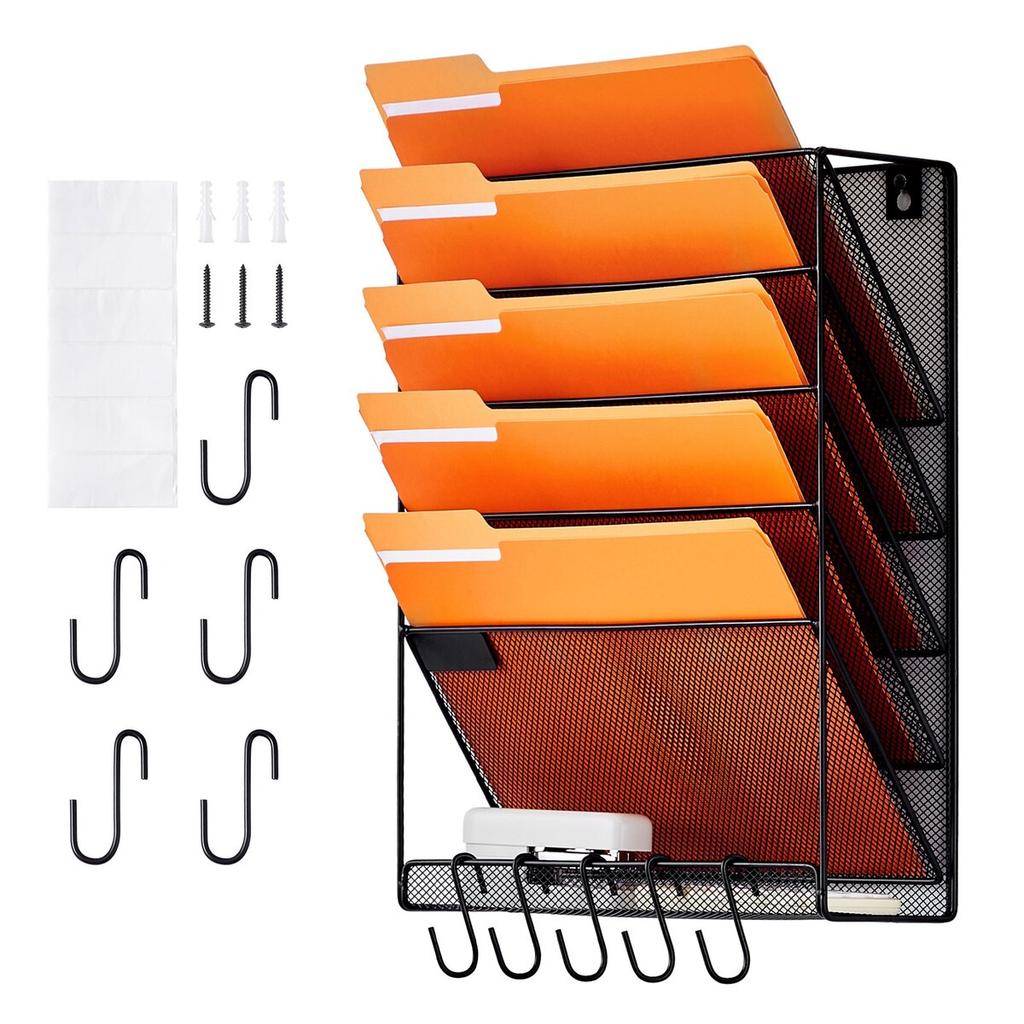 File Wall Rack, One-Piece 6 Pockets Mesh Wall File Holder, Wall Mounted Magazine Mail Paper & Document Storage Folder, Metal Wall File Organizer with