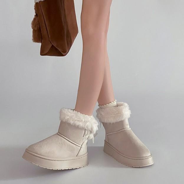 Mote Mori hår korte støvletter flenset plattform snøstøvler dame 2025 vinter retro bak snøring fløyel store bomullssko