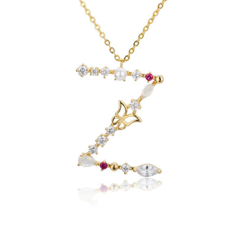 

New Fashion Letter Inlaid Colorful Zircon Butterfly Pearl Inlaid Niche Clavicle Chain Necklace