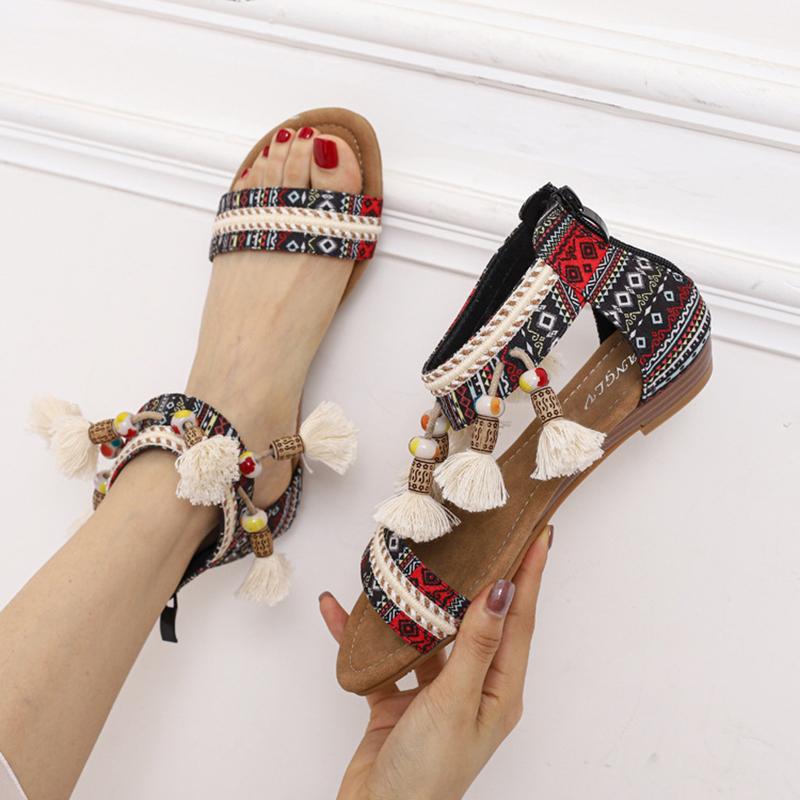 Fashion bohemian fringe ball flat sandals women colorful weaved gladiator sandalias mujer tassel summer shoes zip open sandales size 43