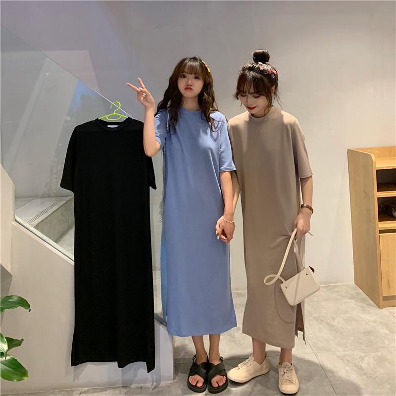 Casual Korean Style Over-the-Knee Slit Nightdress - Women's College Loose Fit Slimming T-shirt