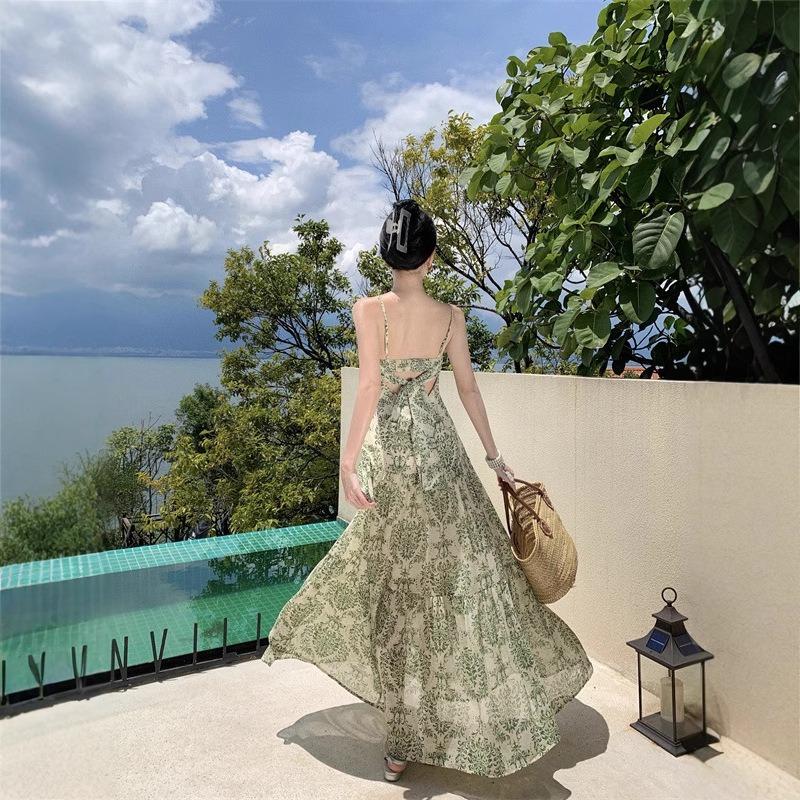 Coffee Break French Floral Suspender Dress Women's Waist and Thin Temperament Advanced Sense Spice Girl Vacation Long Skirt