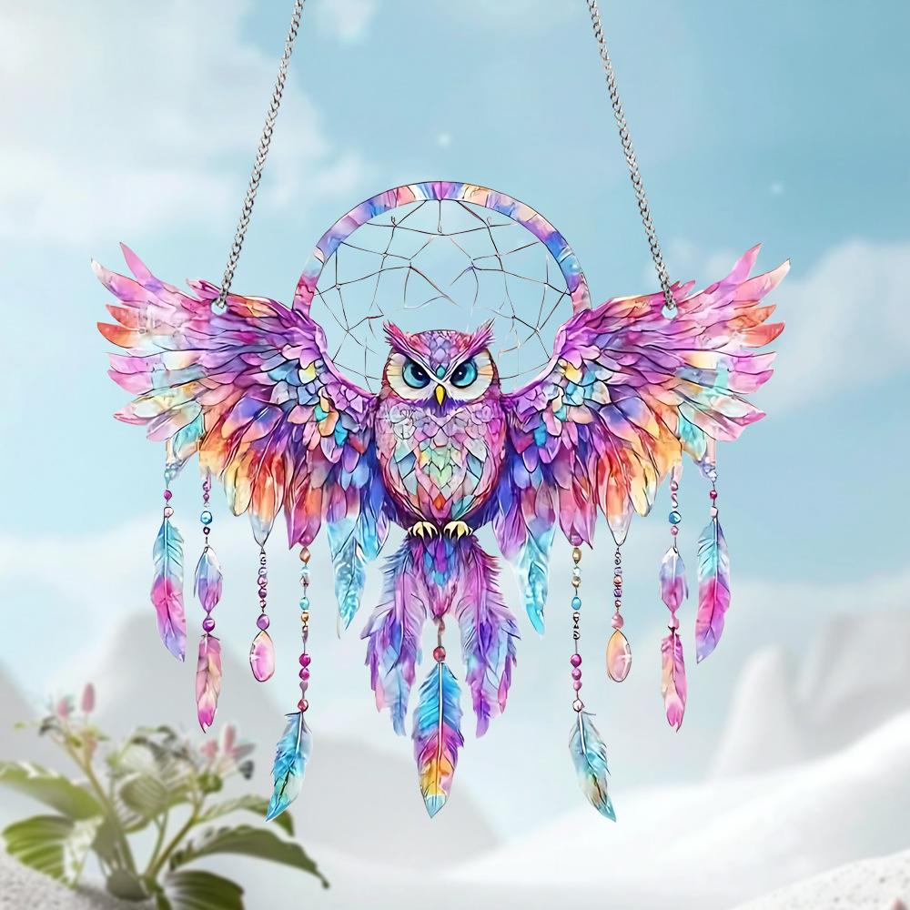 Colorful Owl Wind Chimes Acrylic Owl Dream Catcher with Feather Tassel Hanging Painting for Home Window Corridor Decorations