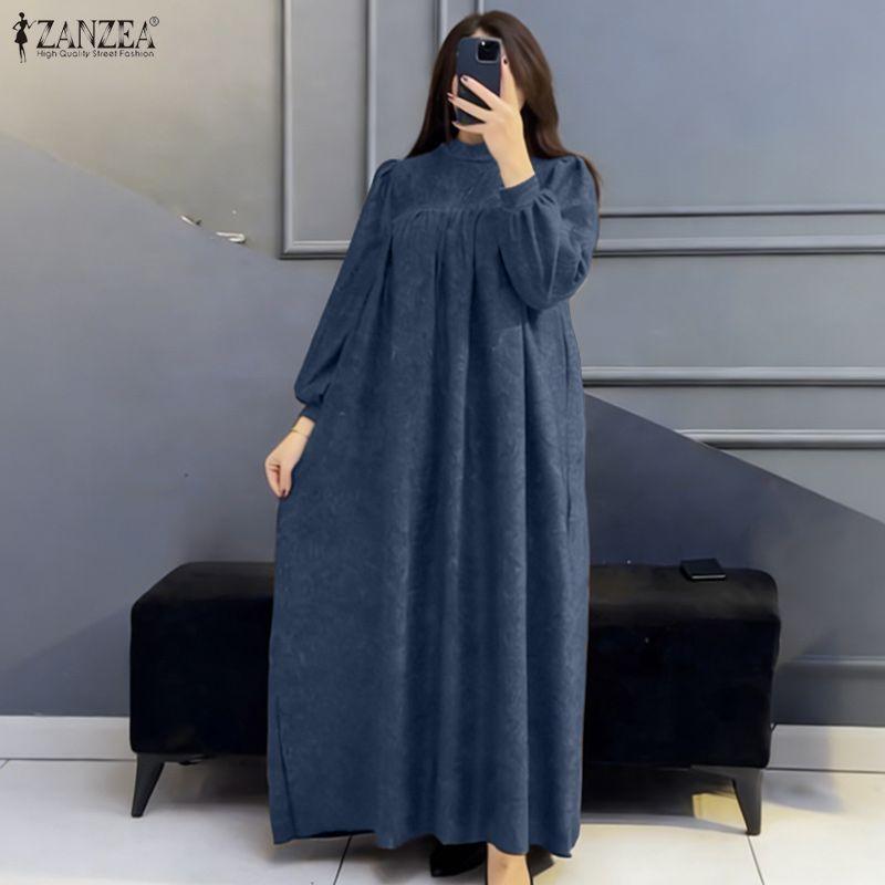 ZANZEA Vestido Casual de Manga Larga de Color Sólido con Cuello Alto para Mujer