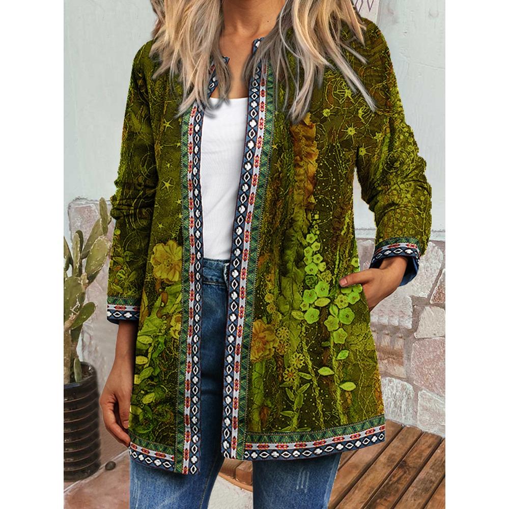 GMXIA Herbst Winter Vintage Ethnischer Stil Druck Übergröße Jacke Strickjacke Damenbekleidung