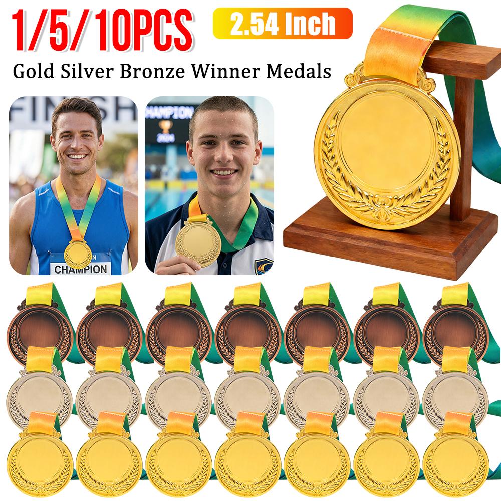 1-10PCS Gold Silver Bronze Winner Medals with Neck Ribbon Golden Winner Awards Medals Football Game Prize School Sports Souveni