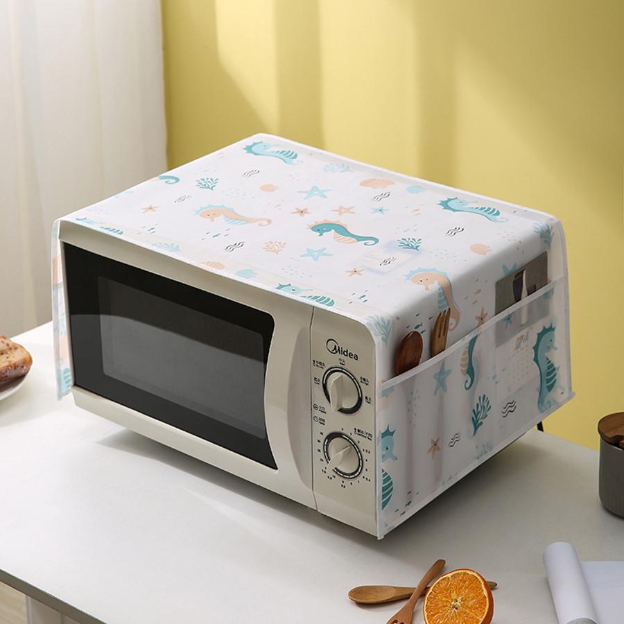 1pc Simple Microwave Dust Cover Waterproof and Oilproof Household Oven Cover Towel with Side Pocket Storage 7 Fancy Options
