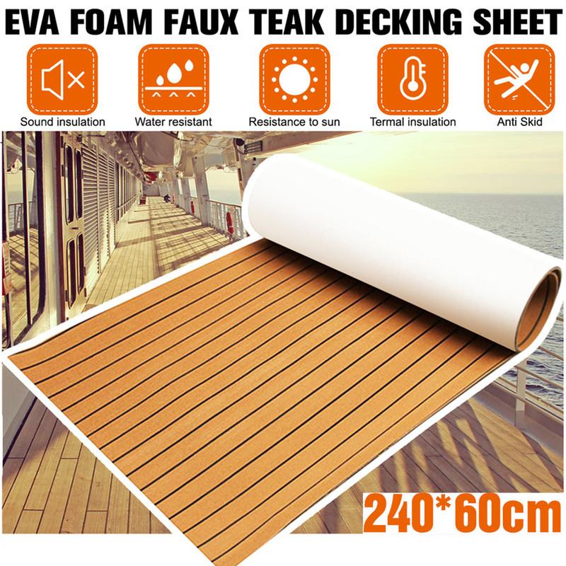 Revêtement de sol en mousse EVA autocollante imitation teck, 2 400 x 600 x 6 mm, pour pont de bateau, gris et noir, à rayures