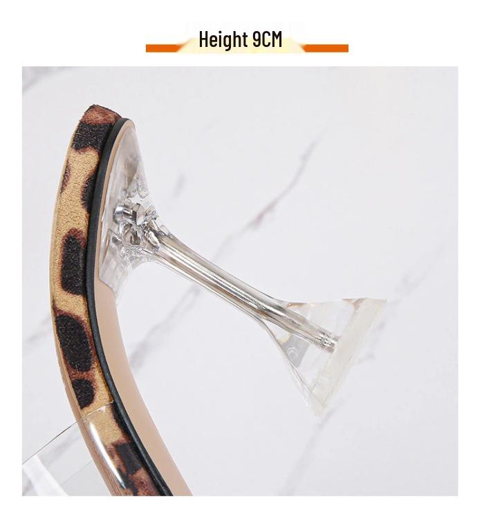 Übergröße Kristallabsatz Leopardenmuster Stiletto Mules mit transparentem Riemen