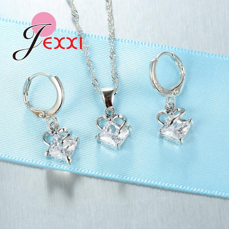 Fast Shipping Top Quality Women 925 Sterling Silver Bridal Romantic Heart Square Crystal Pendant Necklace Earrings Jewelry Set