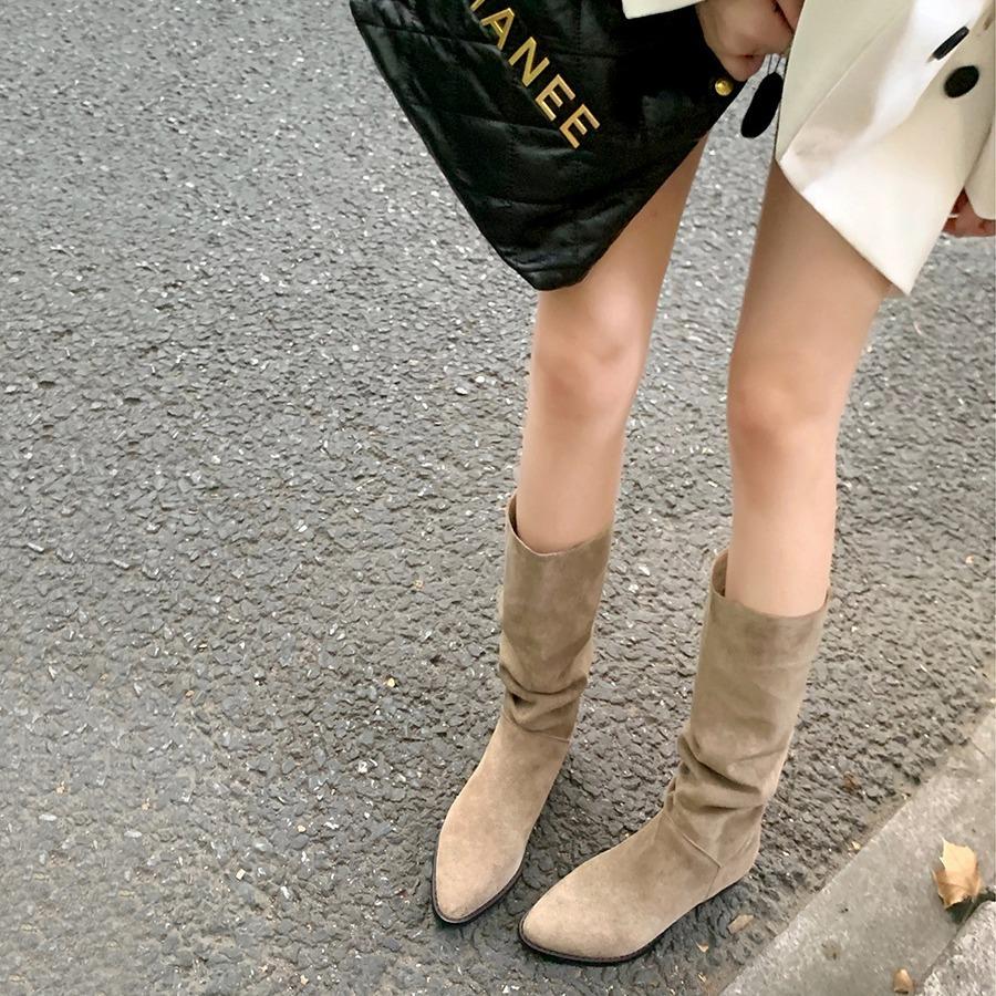 Studiolee Vintage Pointed Heel Coarse Western Cowboy Boots Medium Tube Skinny Pile Boots Women's Autumn Winter