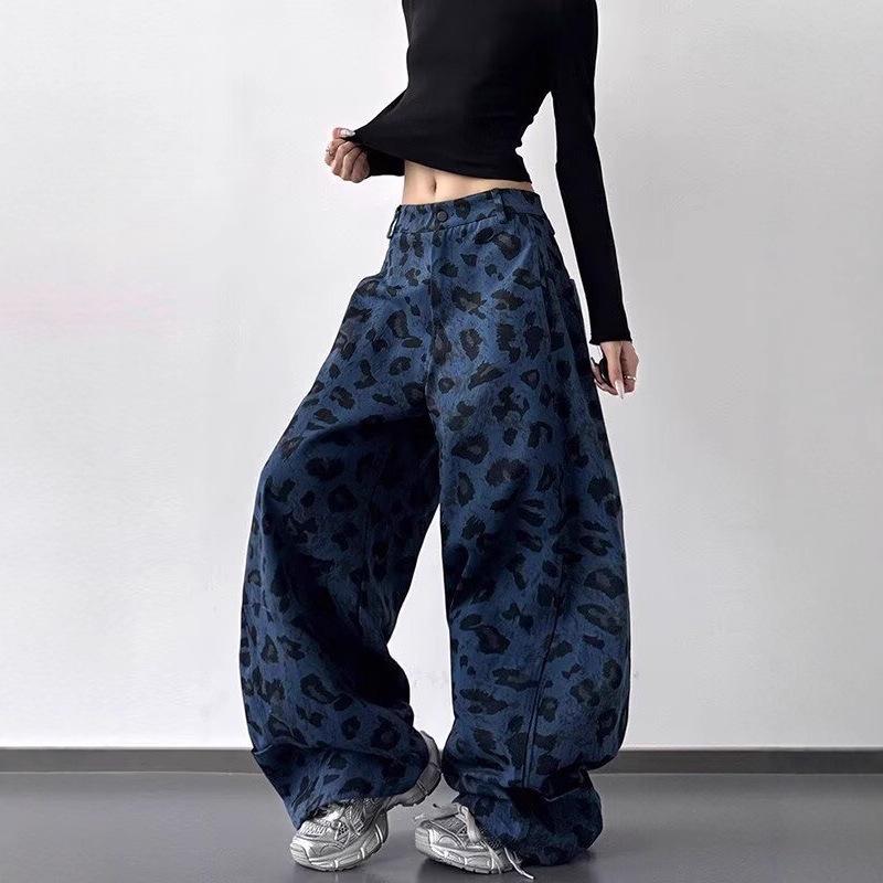 Leopard Print Contrasting Color Design Sense Wide-leg Scimitar Jeans Women's Loose Tide Fashion Pants Tide Deep Blue Wash Oversized Wide-leg Pants