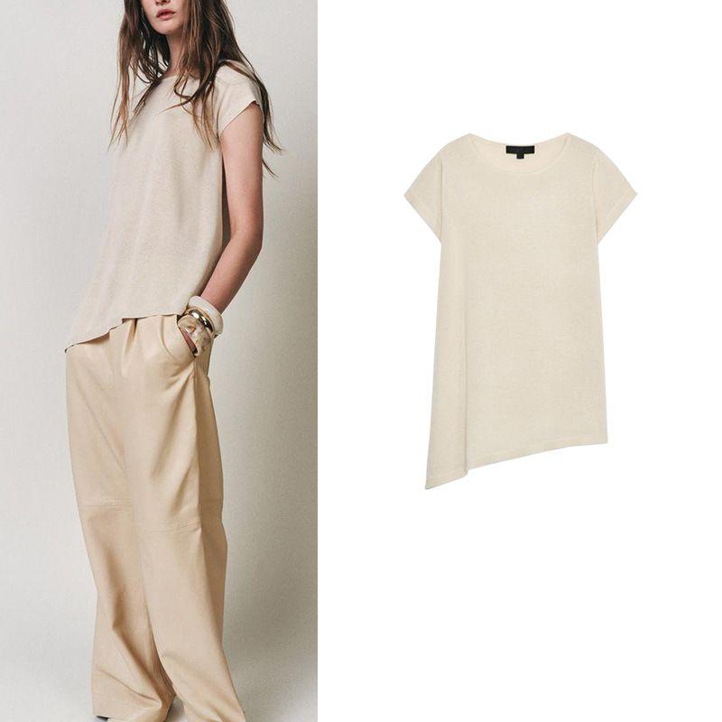 Summer New Product Women's Clothes Rib Trim round Neck Short Sleeve Asymmetric Hem Knitting Tops 1509003