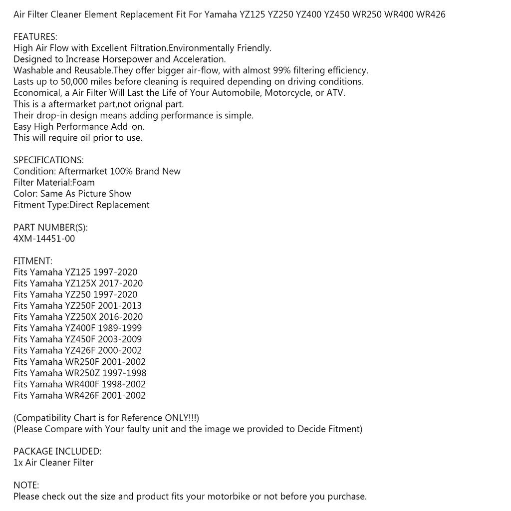 Foam Air Cleaner Filter for Yamaha YZ WR 125 250 400 426 450 F 4XM-14451-00-00