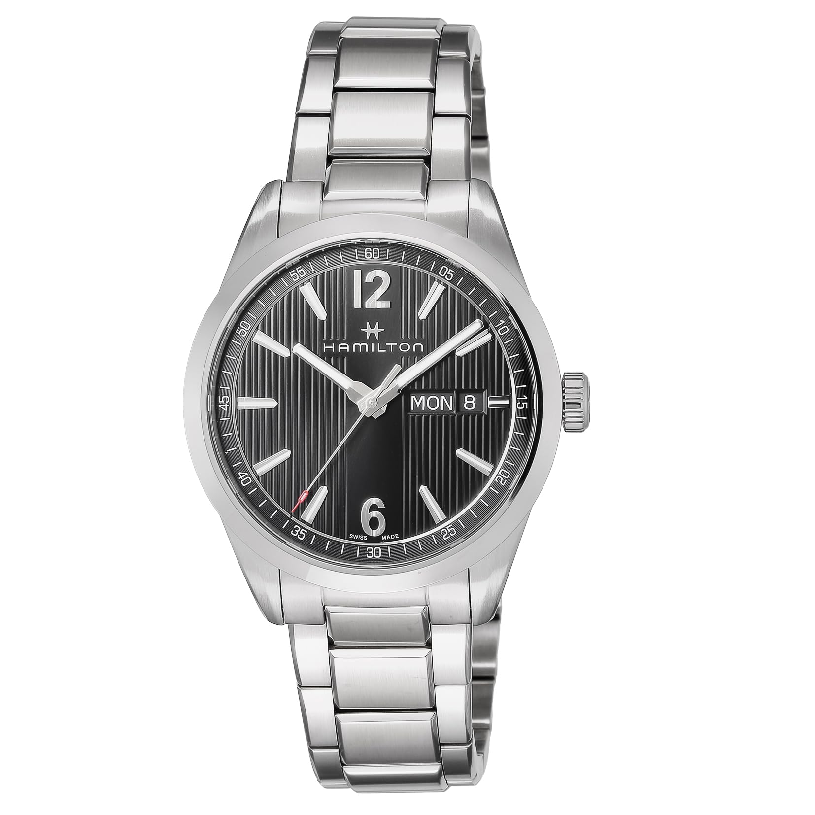 

Watch Broadway Day Date Quartz Broadway Black Dial Stainless Steel Sapphire Crystal Quartz 5 ATM Water Resistant Swiss Watch H43311135 Silver чорний