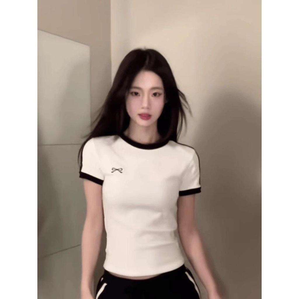 Contrast Embroidered Bow Crop Top Women Casual Striped Print Short Sleeve Slim White T Shirts Casual Streetwear Y2k Tees