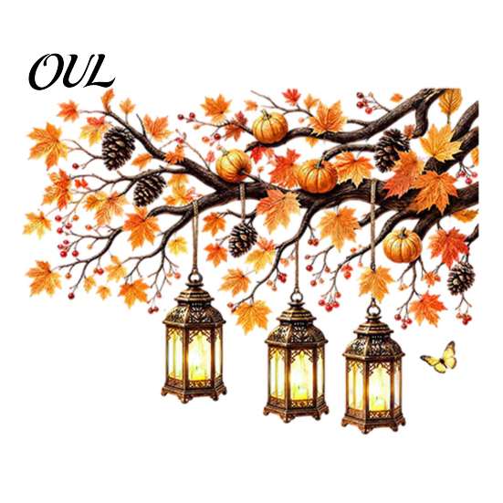 Static Cling Window Decals Autumn Maple Leaf And Lantern Sticker, Double Sided PVC Waterproof Harvest Theme Wall Stickers Decals, Removable